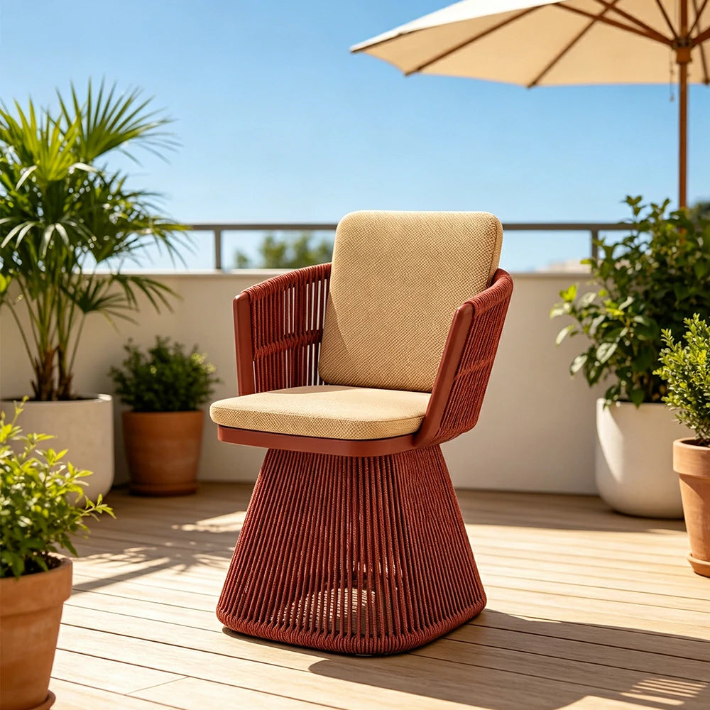 SOLARA Outdoor Swivel Rattan Dining Chair - PE Wicker, Waterproof Fabric, High-Density Foam - Red