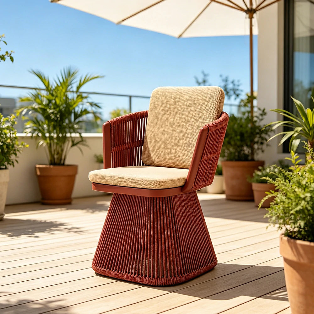 SOLARA Outdoor Swivel Rattan Dining Chair - PE Wicker, Waterproof Fabric, High-Density Foam - Red