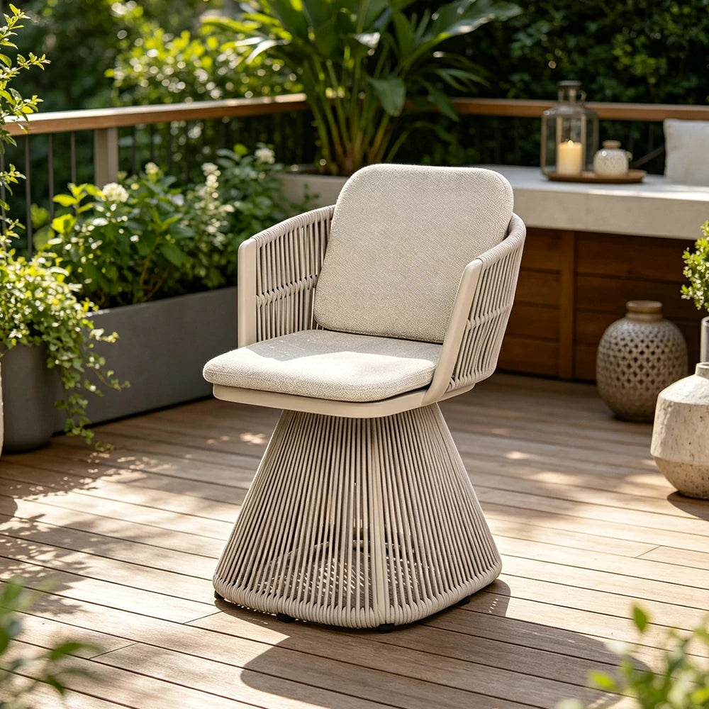 SOLARA Outdoor Swivel Rattan Dining Chair - PE Wicker, Waterproof Fabric, High-Density Foam - White