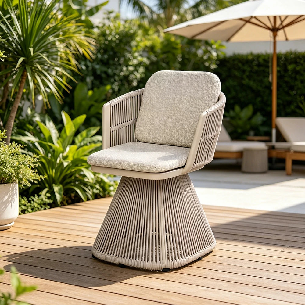 SOLARA Outdoor Swivel Rattan Dining Chair - PE Wicker, Waterproof Fabric, High-Density Foam - White