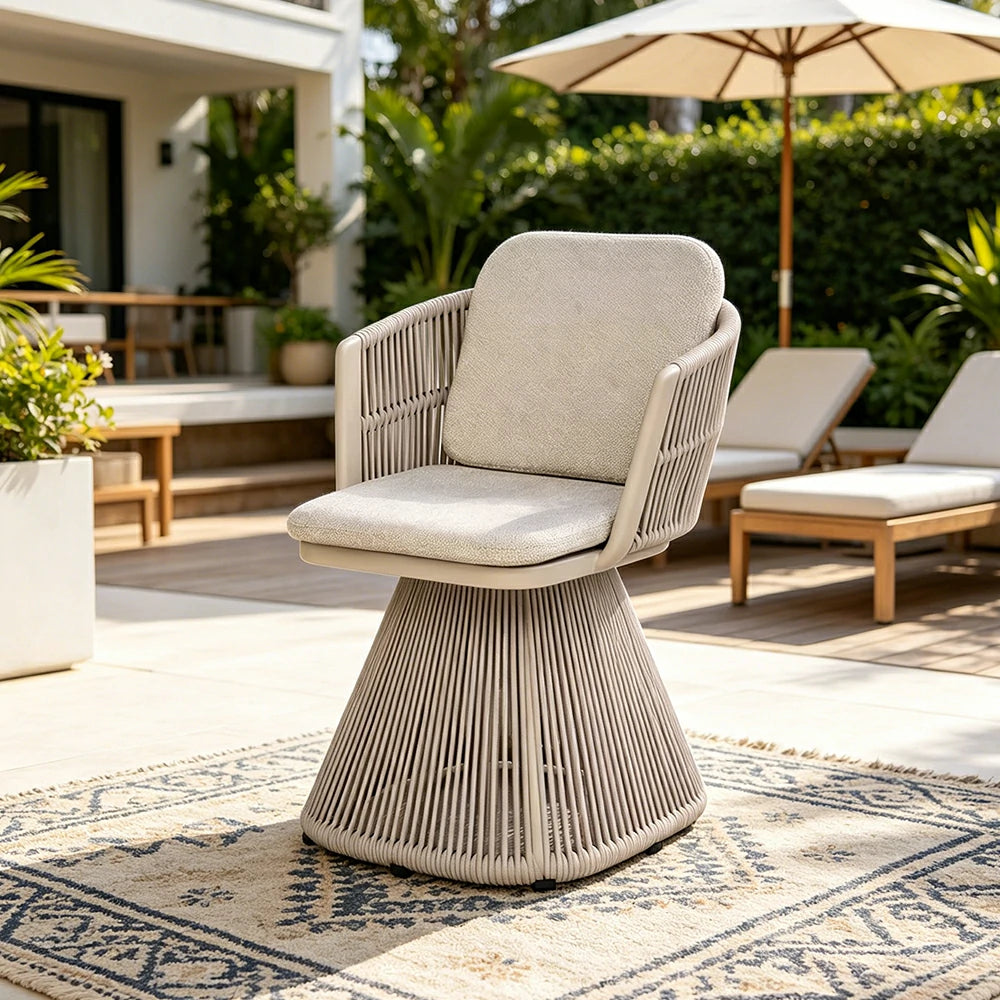 SOLARA Outdoor Swivel Rattan Dining Chair - PE Wicker, Waterproof Fabric, High-Density Foam - White