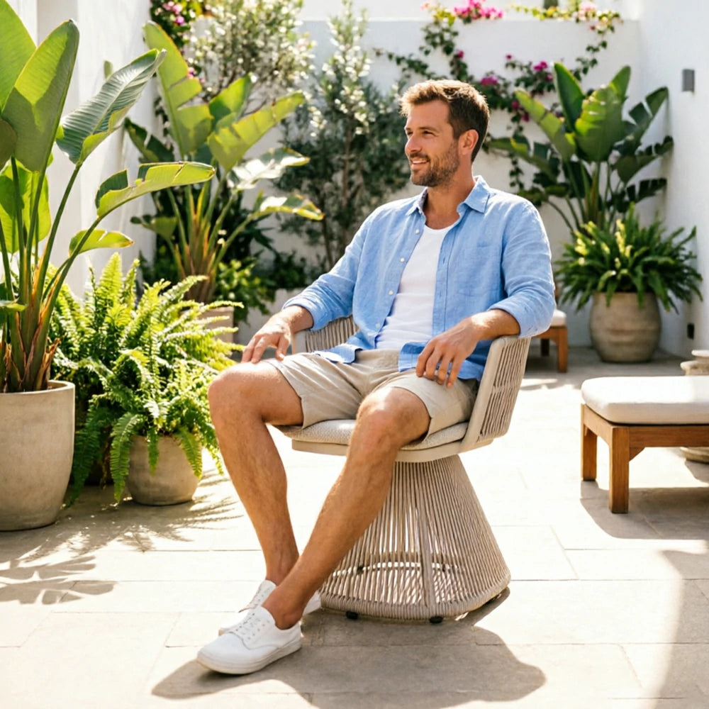 SOLARA Outdoor Swivel Rattan Dining Chair - PE Wicker, Waterproof Fabric, High-Density Foam - White