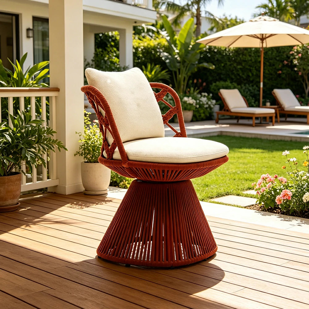 SOLARA Outdoor Swivel Lounge Chair - Aluminium Frame, Rope Weave, Cushioned Seat for Patio Garden - Red