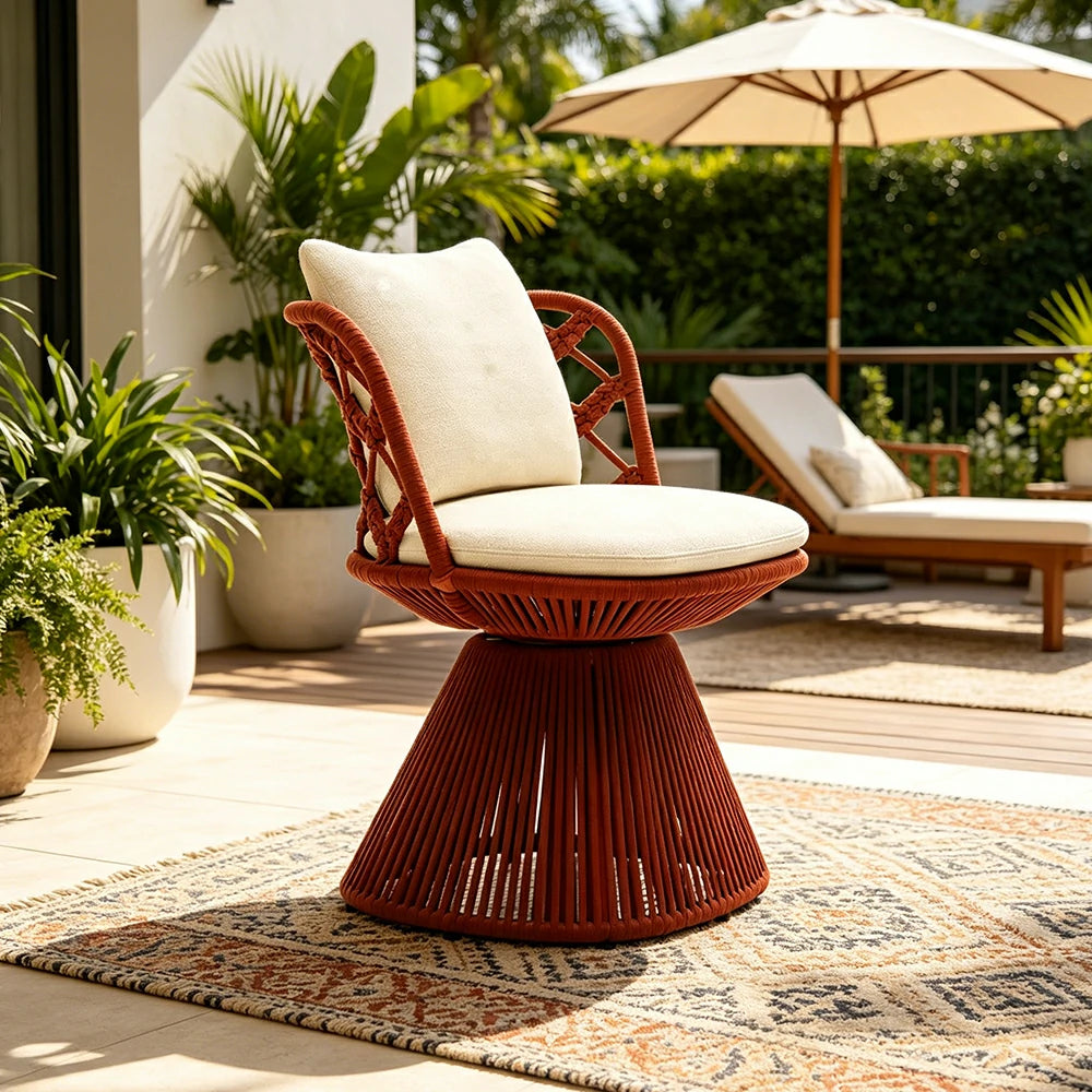 SOLARA Outdoor Swivel Lounge Chair - Aluminium Frame, Rope Weave, Cushioned Seat for Patio Garden - Red