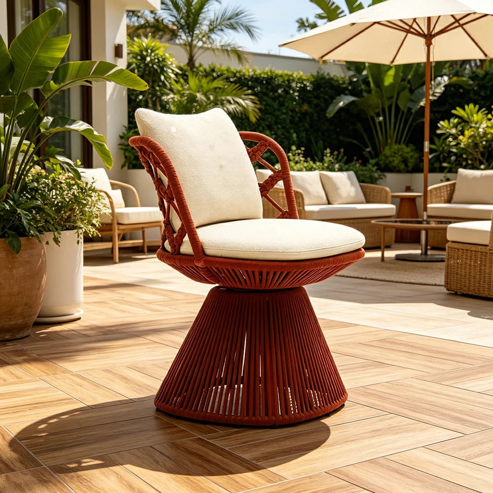 SOLARA Outdoor Swivel Lounge Chair - Aluminium Frame, Rope Weave, Cushioned Seat for Patio Garden - Red