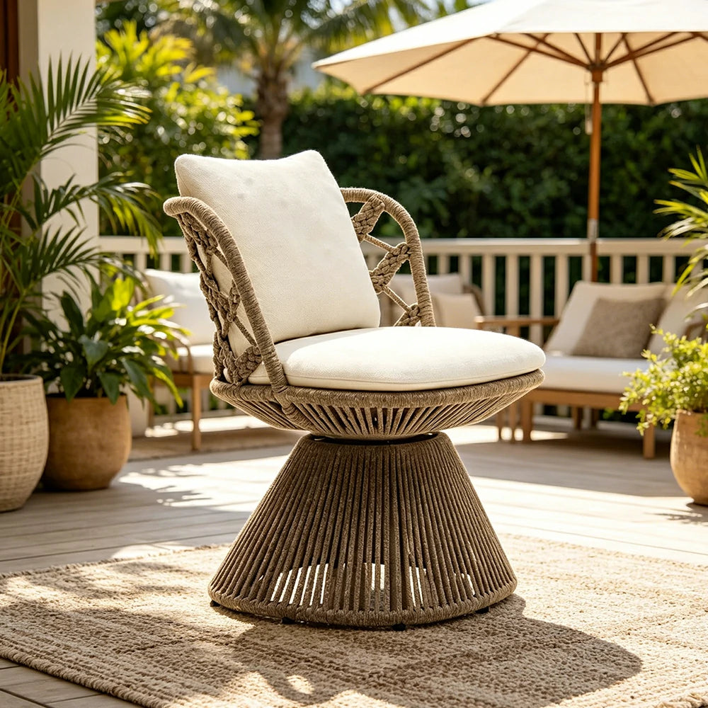 SOLARA Outdoor Swivel Lounge Chair - Aluminium Frame, Rope Weave, Cushioned Seat for Patio Garden - Grey