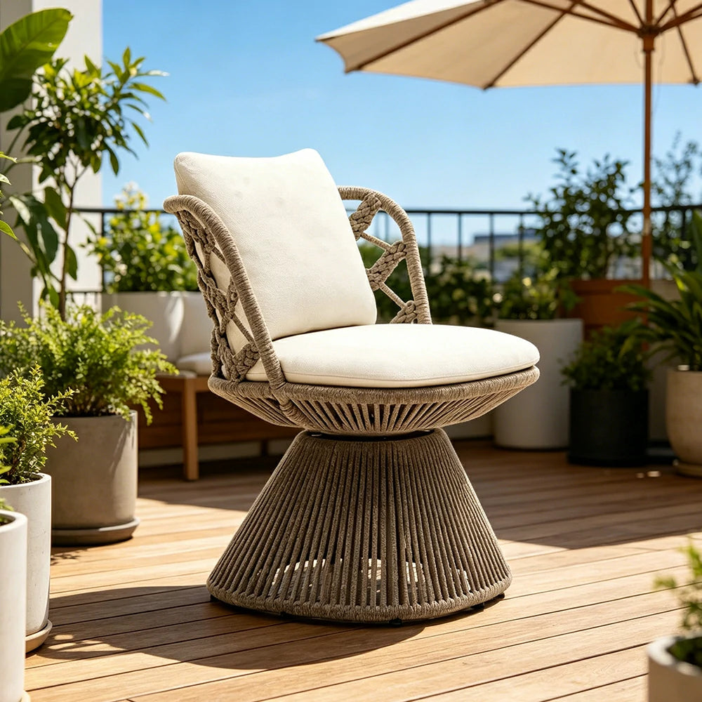 SOLARA Outdoor Swivel Lounge Chair - Aluminium Frame, Rope Weave, Cushioned Seat for Patio Garden - Grey