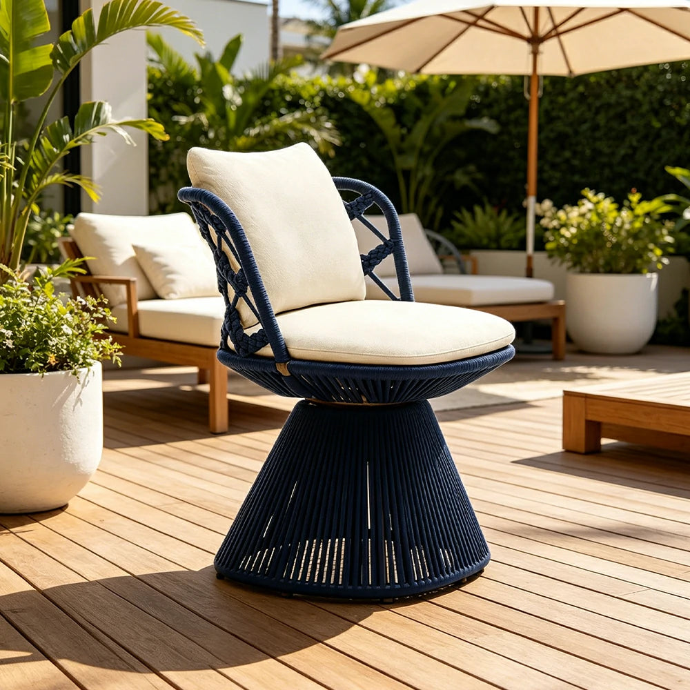 SOLARA Outdoor Swivel Lounge Chair - Aluminium Frame, Rope Weave, Cushioned Seat for Patio Garden - Blue