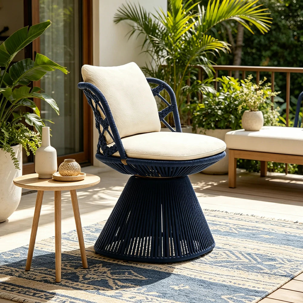 SOLARA Outdoor Swivel Lounge Chair - Aluminium Frame, Rope Weave, Cushioned Seat for Patio Garden - Blue