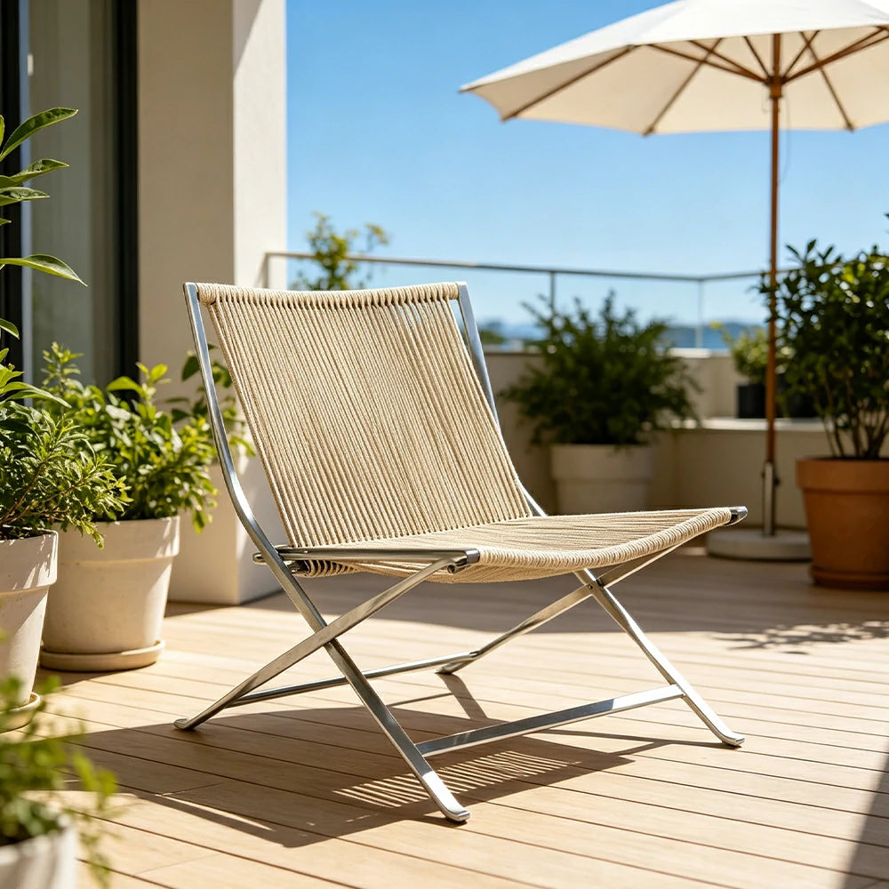 SOLARA Outdoor Folding Rattan Lounge Chair - Aluminium Frame, Woven Seat for Patio Garden - Beige