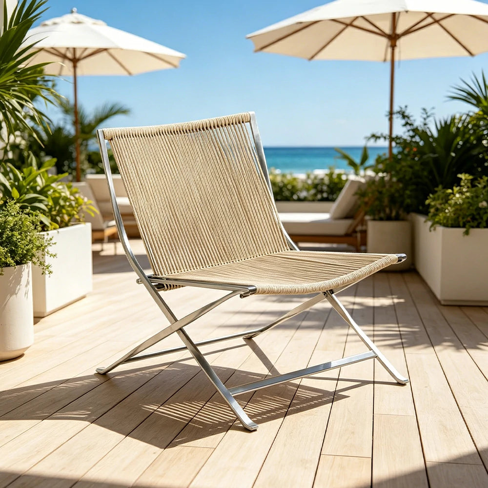SOLARA Outdoor Folding Rattan Lounge Chair - Aluminium Frame, Woven Seat for Patio Garden - Beige