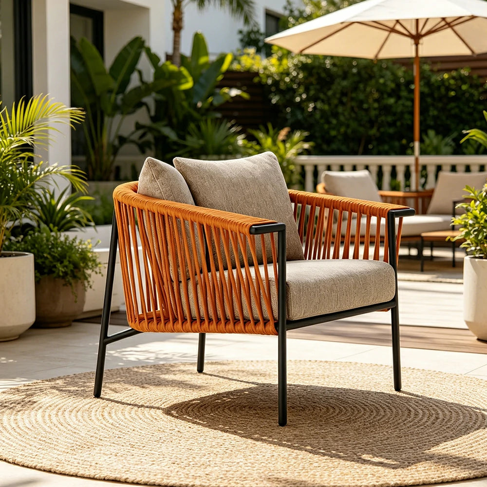SOLARA Outdoor Rope Lounge Chair - Aluminium Frame, Cushioned Seat for Patio Garden - Orange