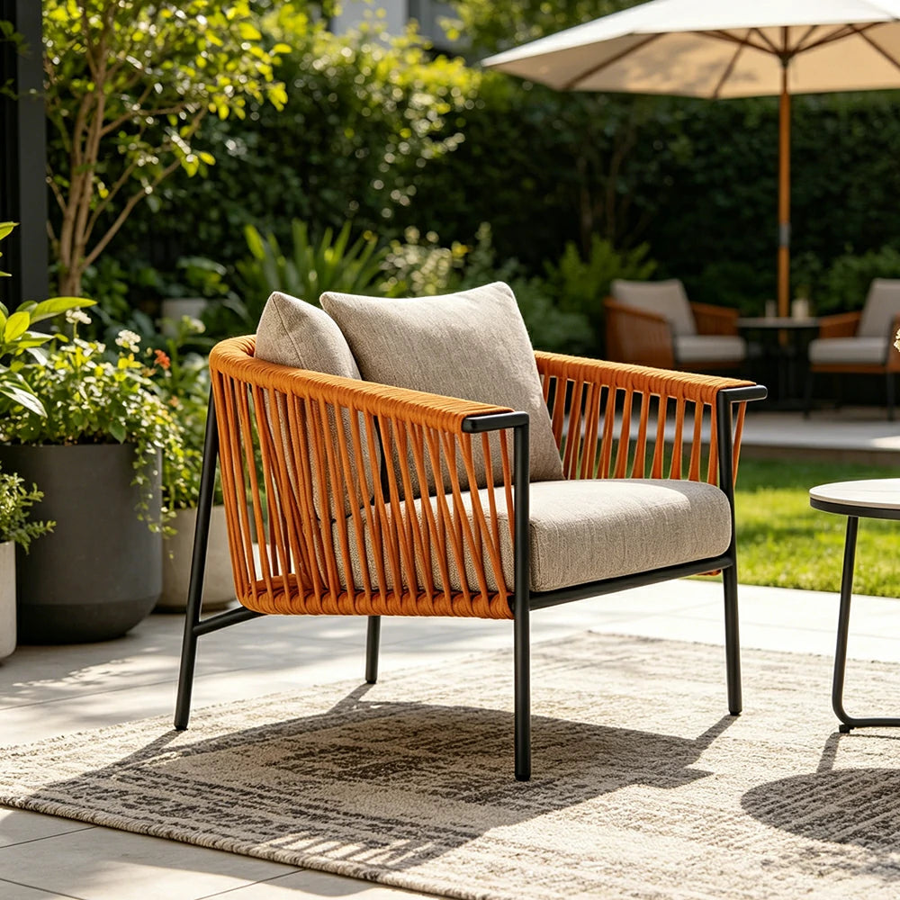 SOLARA Outdoor Rope Lounge Chair - Aluminium Frame, Cushioned Seat for Patio Garden - Orange