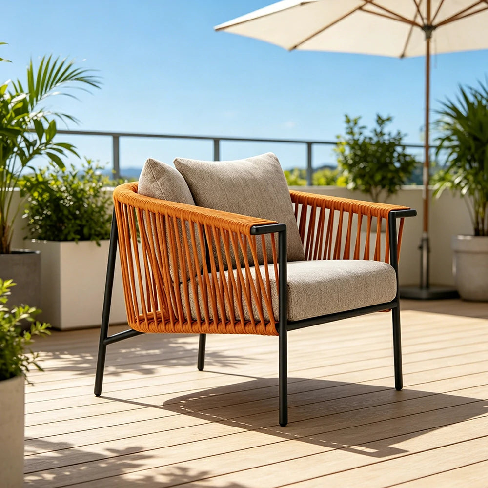 SOLARA Outdoor Rope Lounge Chair - Aluminium Frame, Cushioned Seat for Patio Garden - Orange