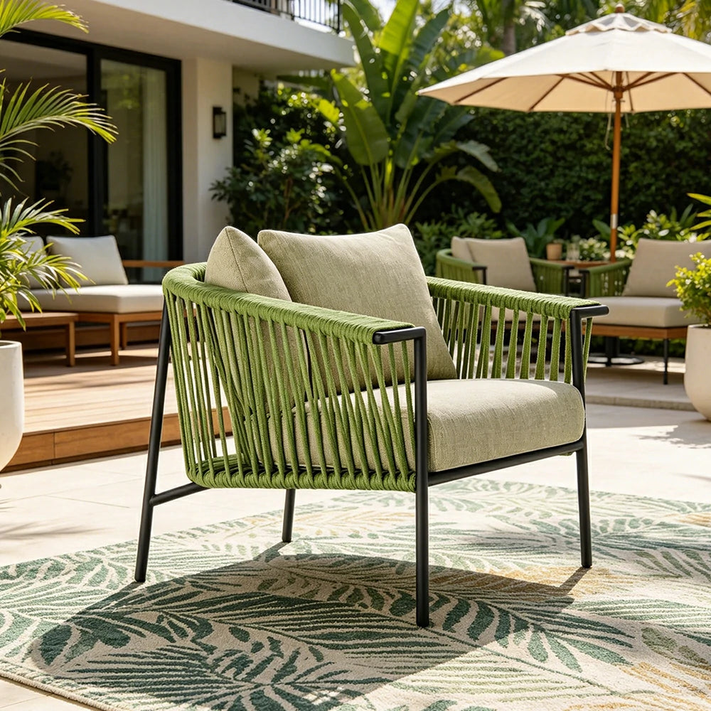 SOLARA Outdoor Rope Lounge Chair - Aluminium Frame, Cushioned Seat for Patio Garden - Green