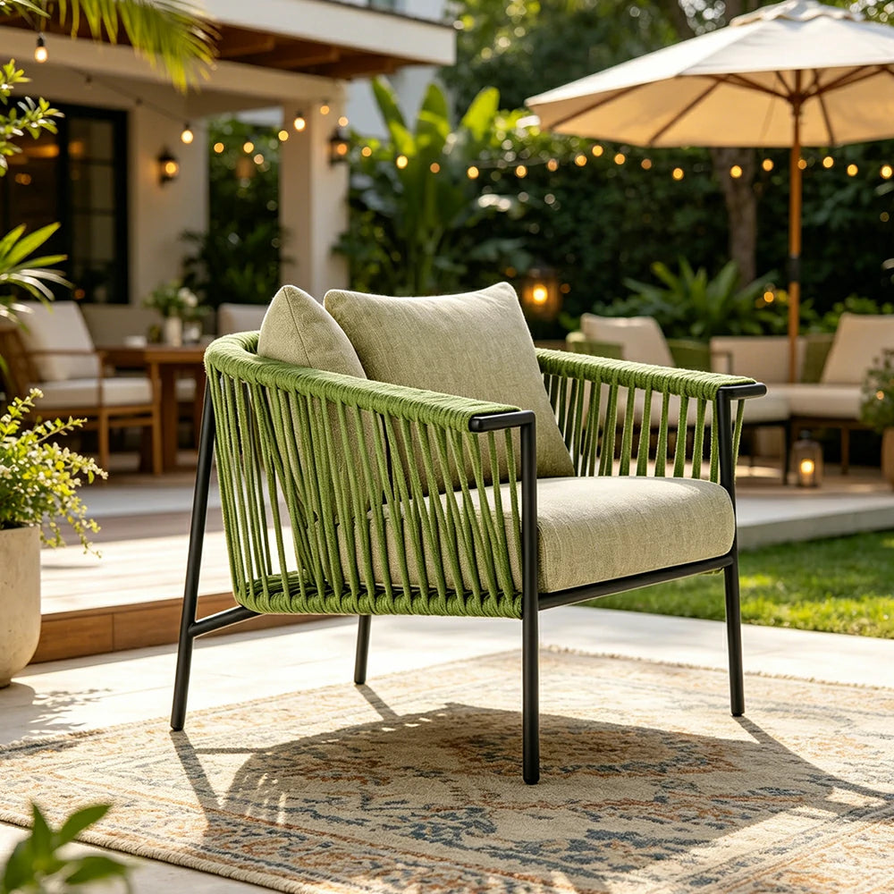 SOLARA Outdoor Rope Lounge Chair - Aluminium Frame, Cushioned Seat for Patio Garden - Green