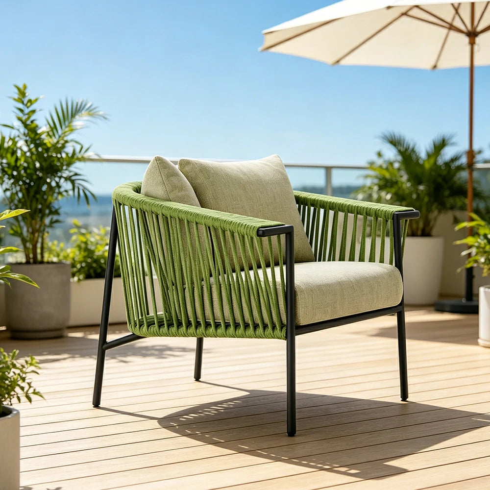 SOLARA Outdoor Rope Lounge Chair - Aluminium Frame, Cushioned Seat for Patio Garden - Green