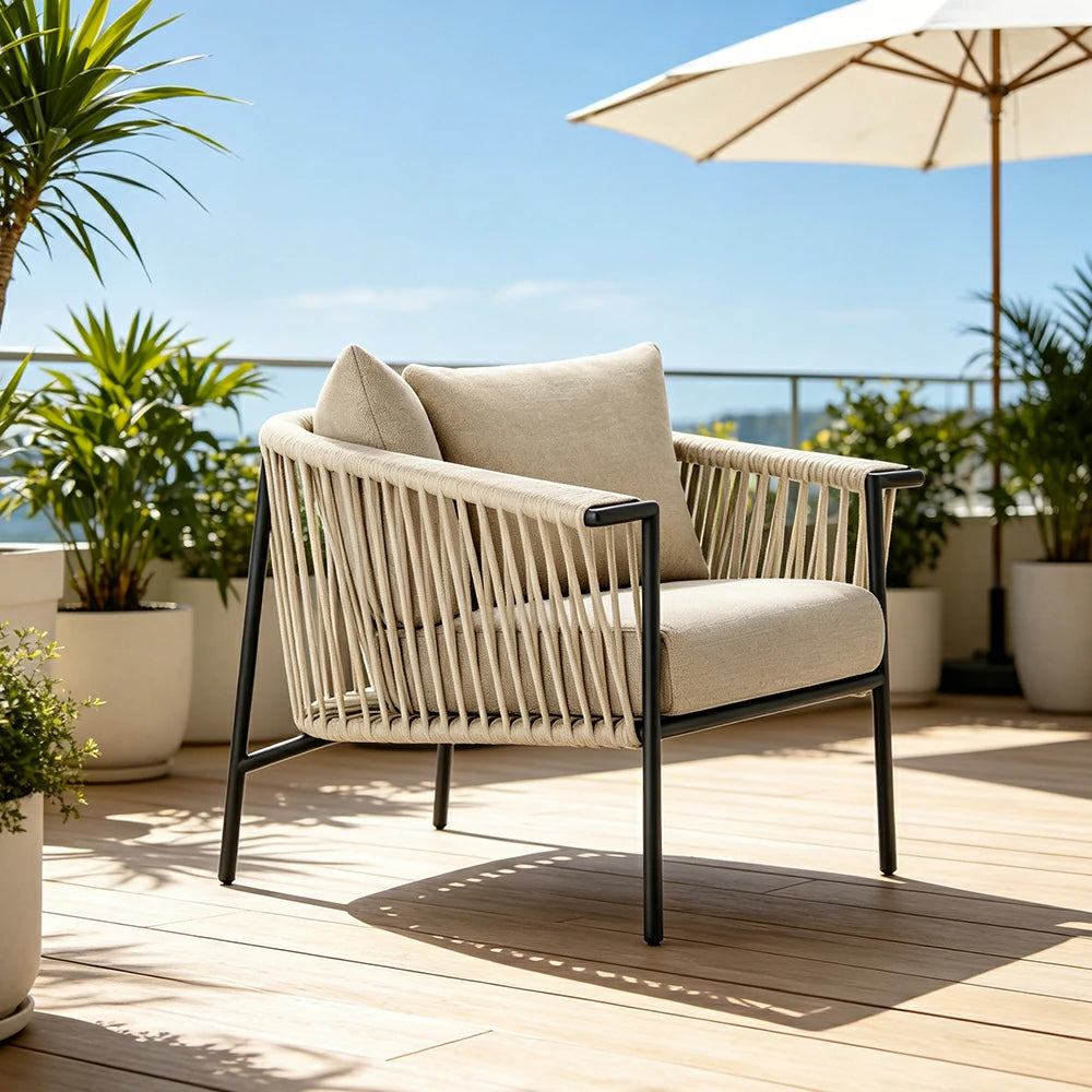 SOLARA Outdoor Rope Lounge Chair - Aluminium Frame, Cushioned Seat for Patio Garden - Beige