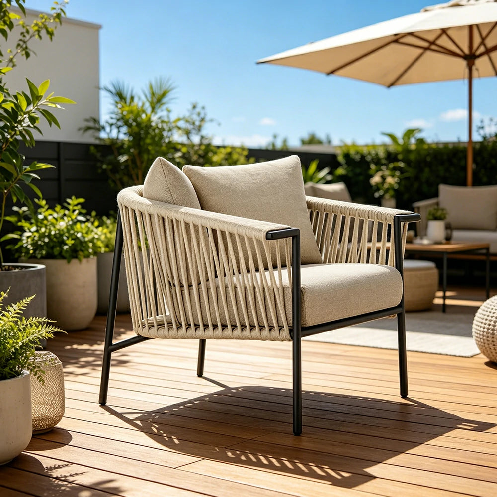 SOLARA Outdoor Rope Lounge Chair - Aluminium Frame, Cushioned Seat for Patio Garden - Beige