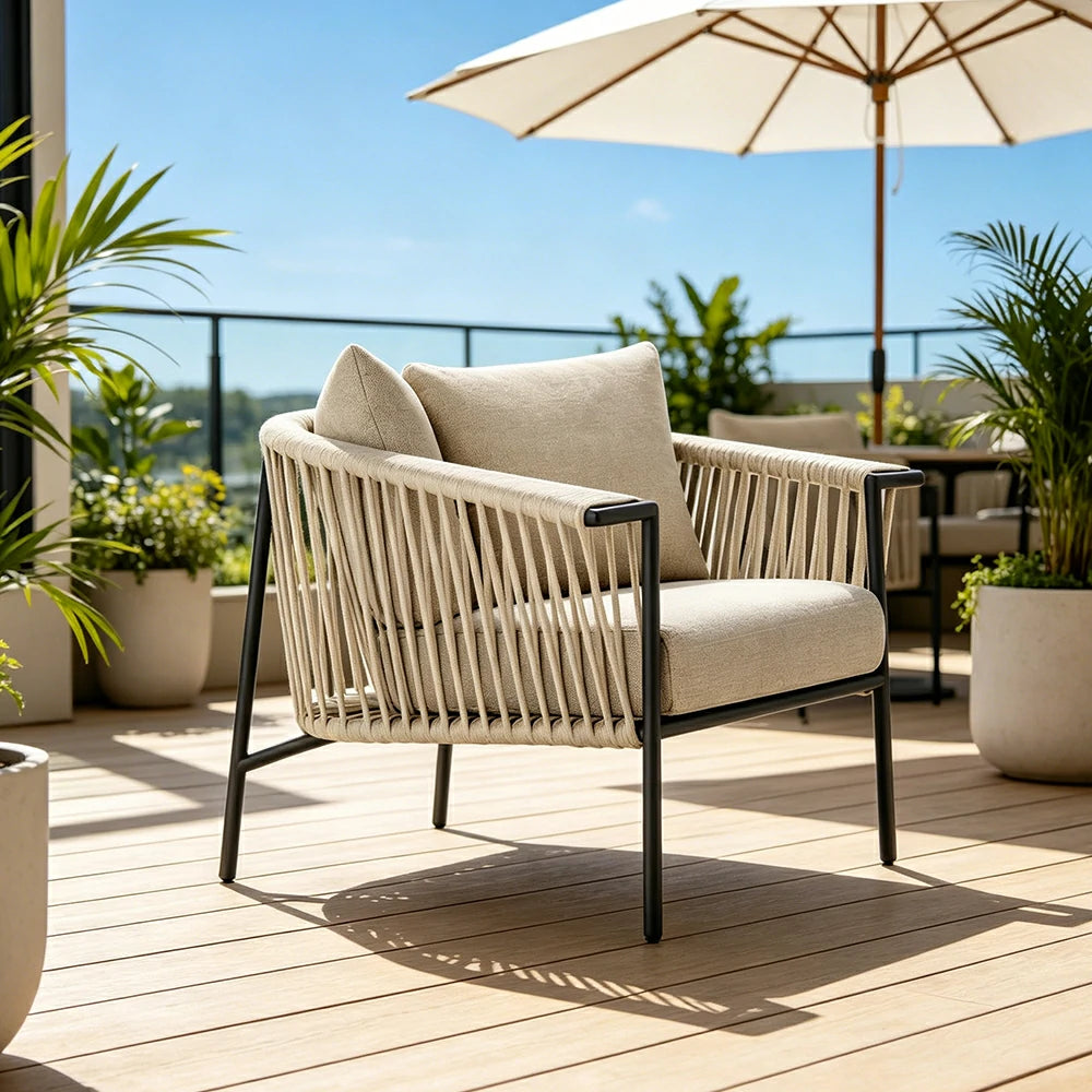 SOLARA Outdoor Rope Lounge Chair - Aluminium Frame, Cushioned Seat for Patio Garden - Beige