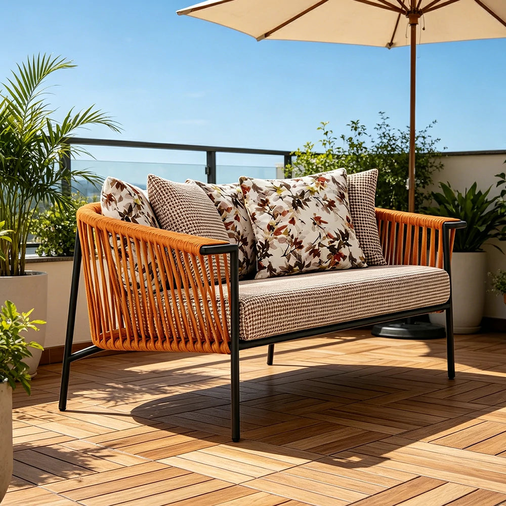 SOLARA Outdoor 2-Seater Rope Sofa - Aluminium Frame, Cushioned Seat for Patio Garden - Orange Red