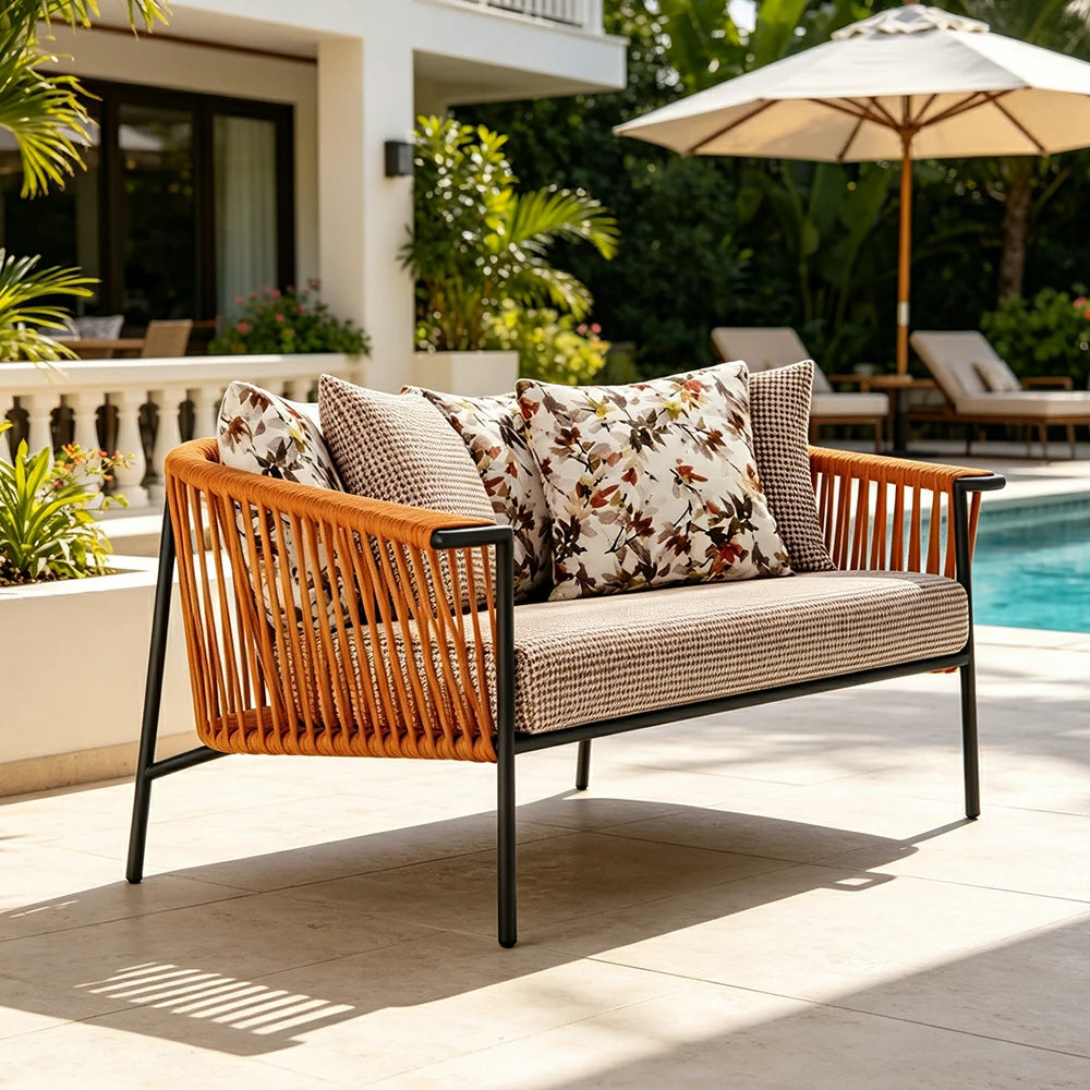 SOLARA Outdoor 2-Seater Rope Sofa - Aluminium Frame, Cushioned Seat for Patio Garden - Orange Red