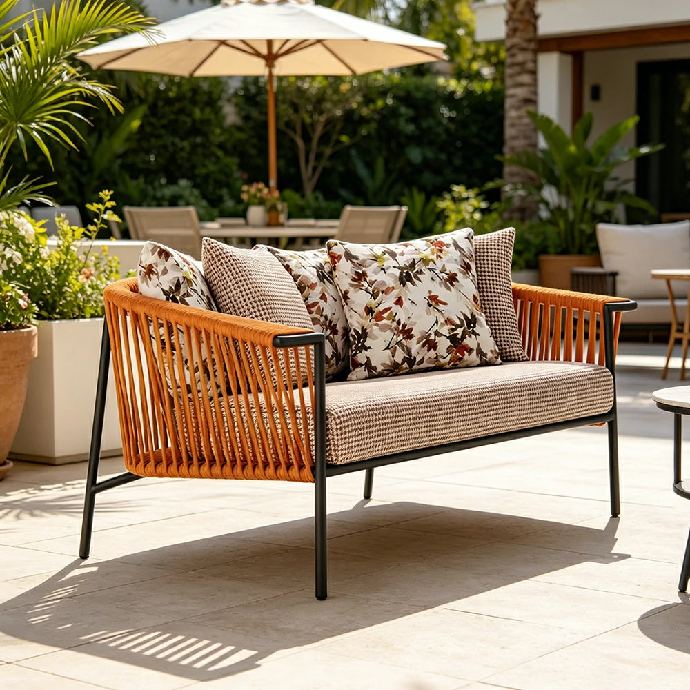 SOLARA Outdoor 2-Seater Rope Sofa - Aluminium Frame, Cushioned Seat for Patio Garden - Orange Red
