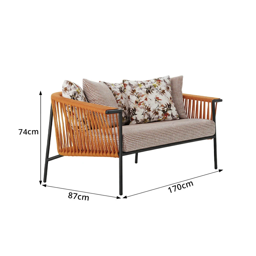 SOLARA Outdoor 2-Seater Rope Sofa - Aluminium Frame, Cushioned Seat for Patio Garden - Orange Red