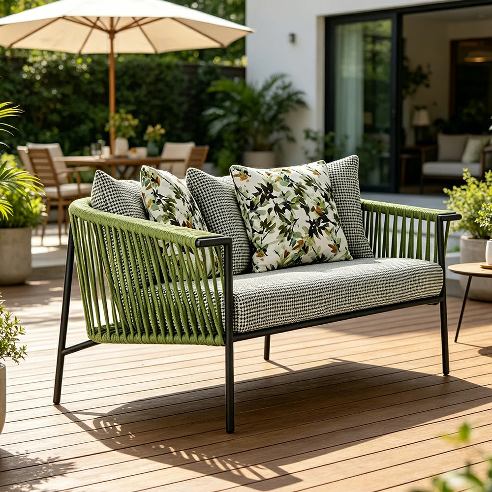 SOLARA Outdoor 2-Seater Rope Sofa - Aluminium Frame, Cushioned Seat for Patio Garden - Green