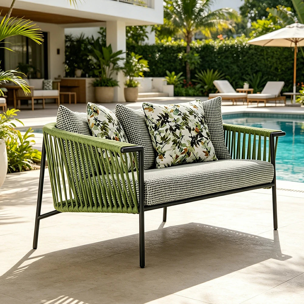 SOLARA Outdoor 2-Seater Rope Sofa - Aluminium Frame, Cushioned Seat for Patio Garden - Green