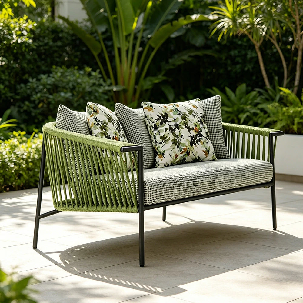 SOLARA Outdoor 2-Seater Rope Sofa - Aluminium Frame, Cushioned Seat for Patio Garden - Green