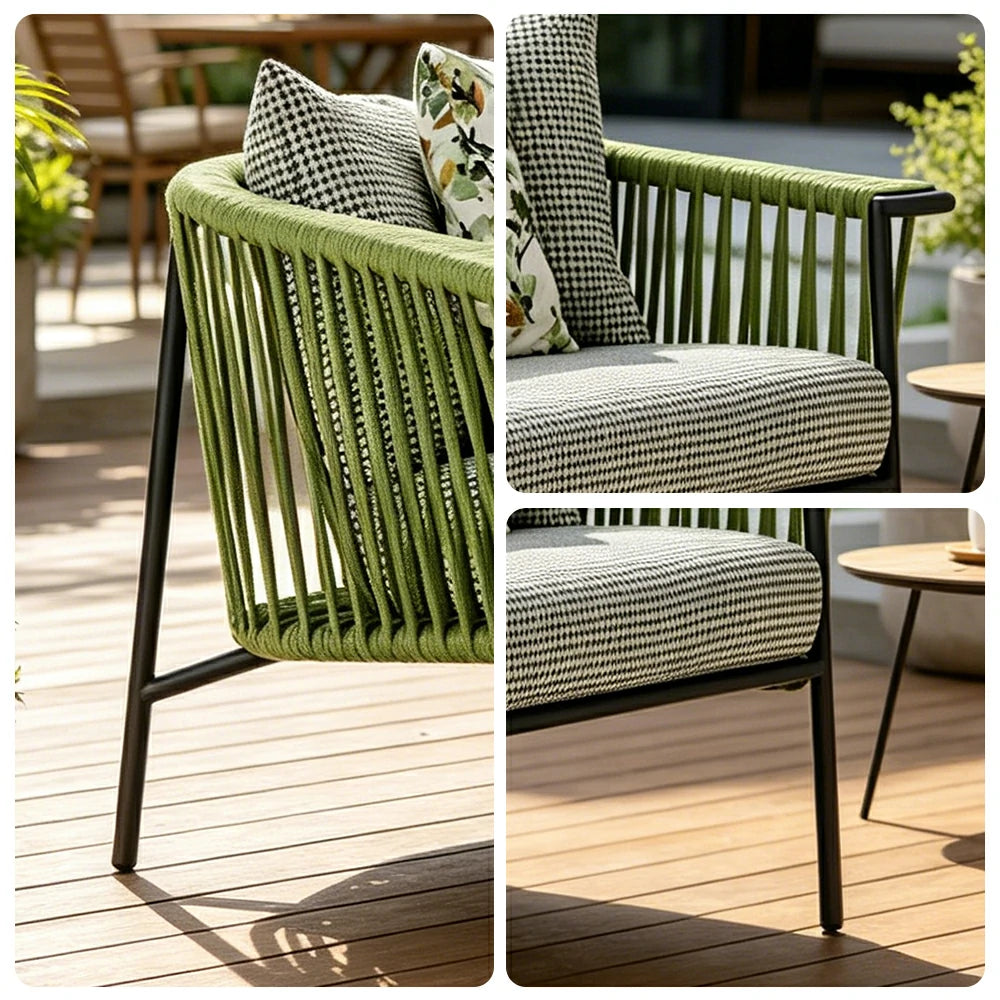 SOLARA Outdoor 2-Seater Rope Sofa - Aluminium Frame, Cushioned Seat for Patio Garden - Green
