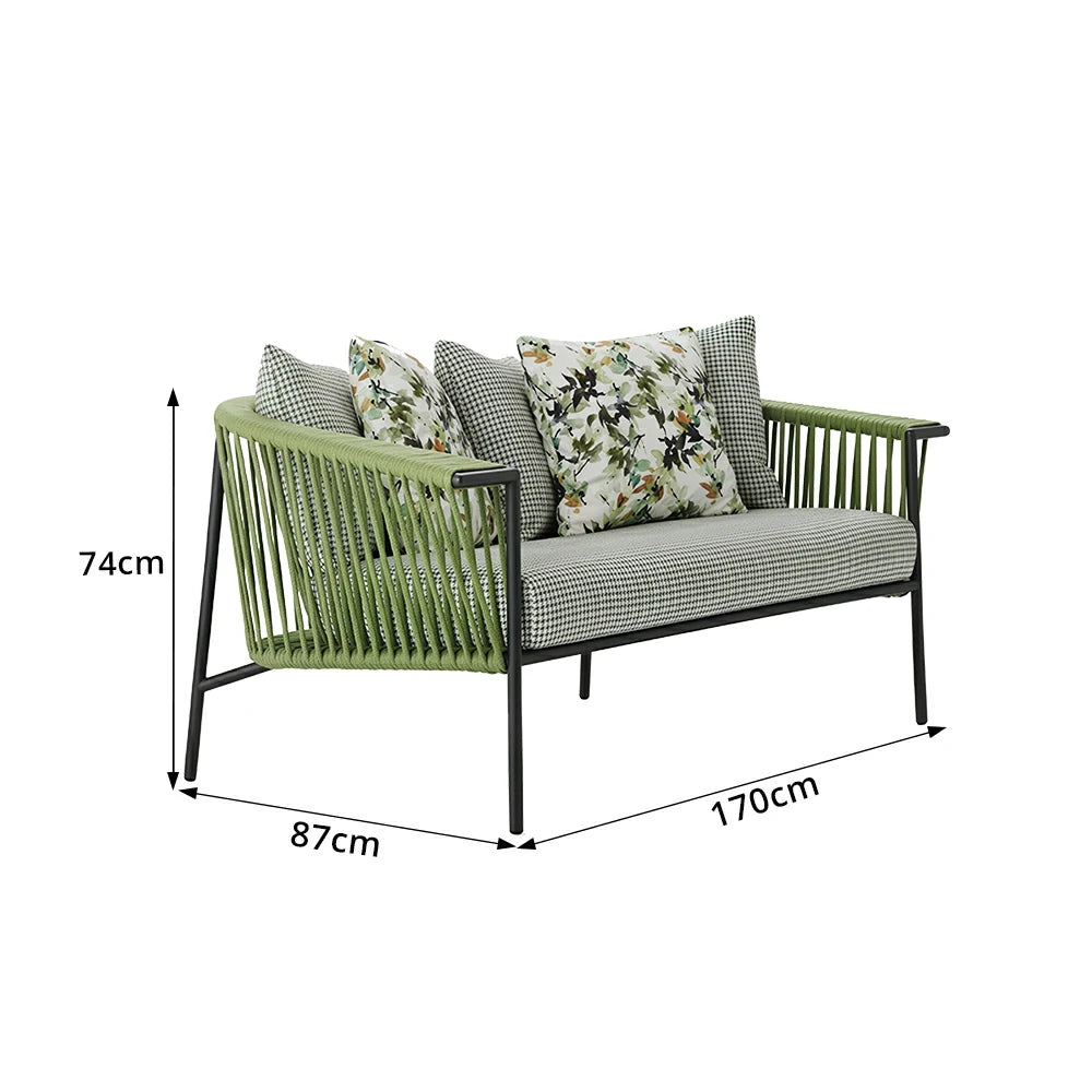 SOLARA Outdoor 2-Seater Rope Sofa - Aluminium Frame, Cushioned Seat for Patio Garden - Green