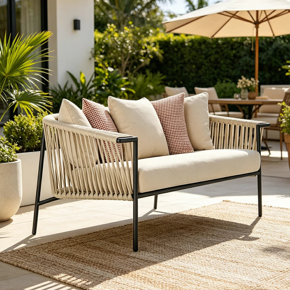 SOLARA Outdoor 2-Seater Rope Sofa - Aluminium Frame, Cushioned Seat for Patio Garden - Beige