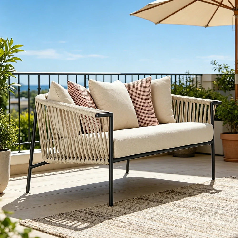 SOLARA Outdoor 2-Seater Rope Sofa - Aluminium Frame, Cushioned Seat for Patio Garden - Beige
