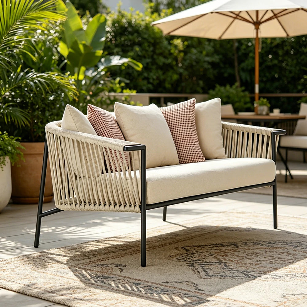 SOLARA Outdoor 2-Seater Rope Sofa - Aluminium Frame, Cushioned Seat for Patio Garden - Beige