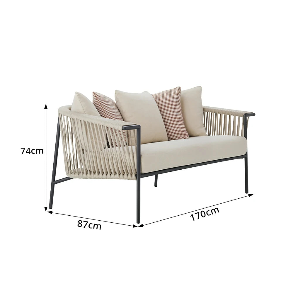 SOLARA Outdoor 2-Seater Rope Sofa - Aluminium Frame, Cushioned Seat for Patio Garden - Beige