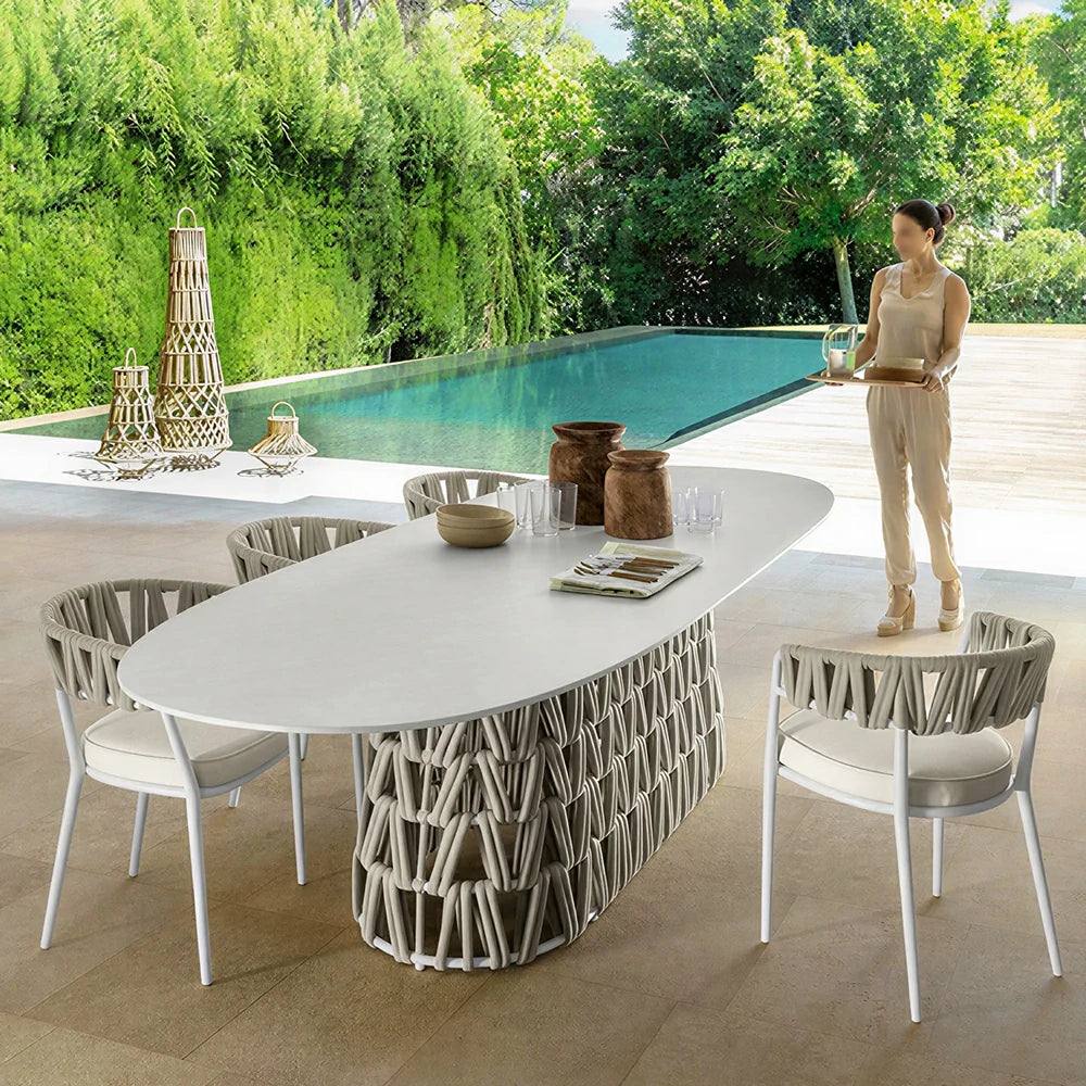 SOLARA Outdoor Rope Armchair - Aluminium Frame, Quick-Dry Woven Back, Cushioned Seat for Patio Garden - Beige White