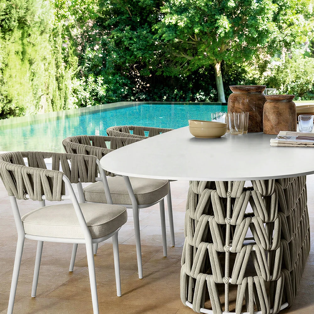 SOLARA Outdoor Rope Armchair - Aluminium Frame, Quick-Dry Woven Back, Cushioned Seat for Patio Garden - Beige White