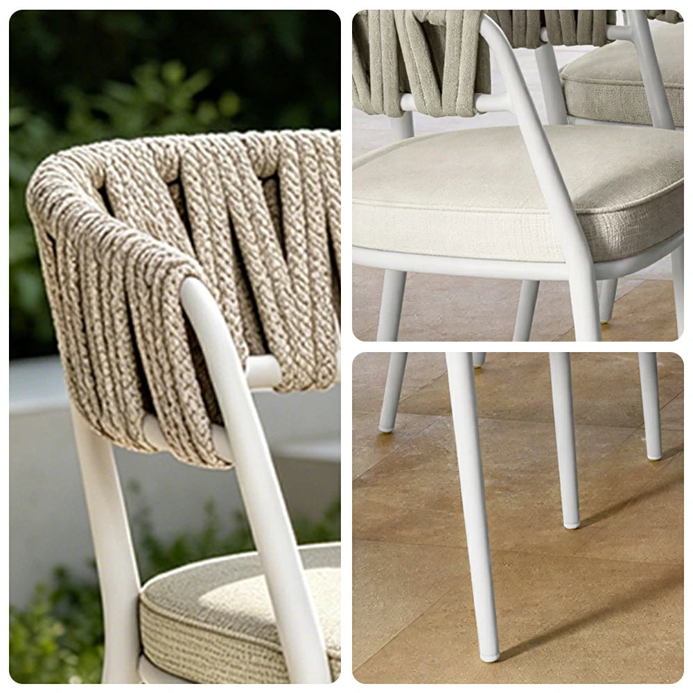SOLARA Outdoor Rope Armchair - Aluminium Frame, Quick-Dry Woven Back, Cushioned Seat for Patio Garden - Beige White