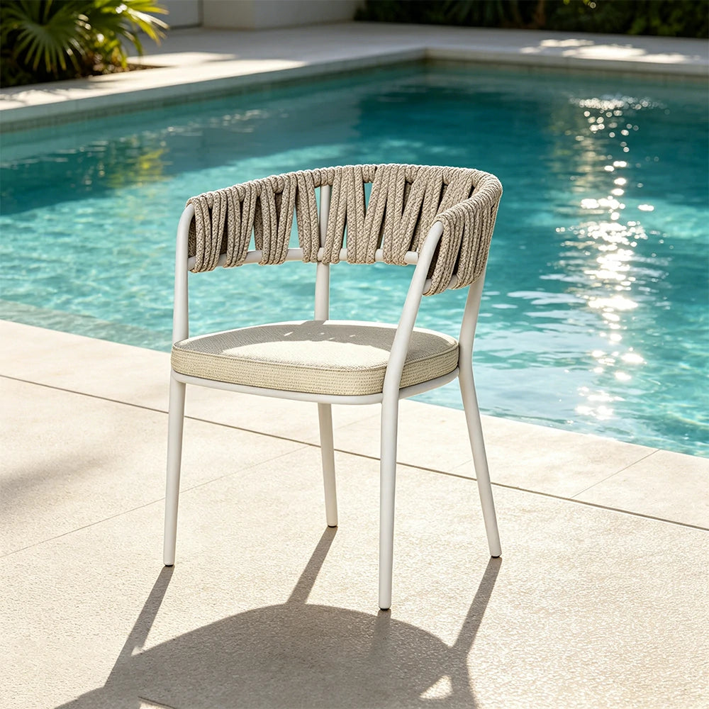 SOLARA Outdoor Rope Armchair - Aluminium Frame, Quick-Dry Woven Back, Cushioned Seat for Patio Garden - Beige White