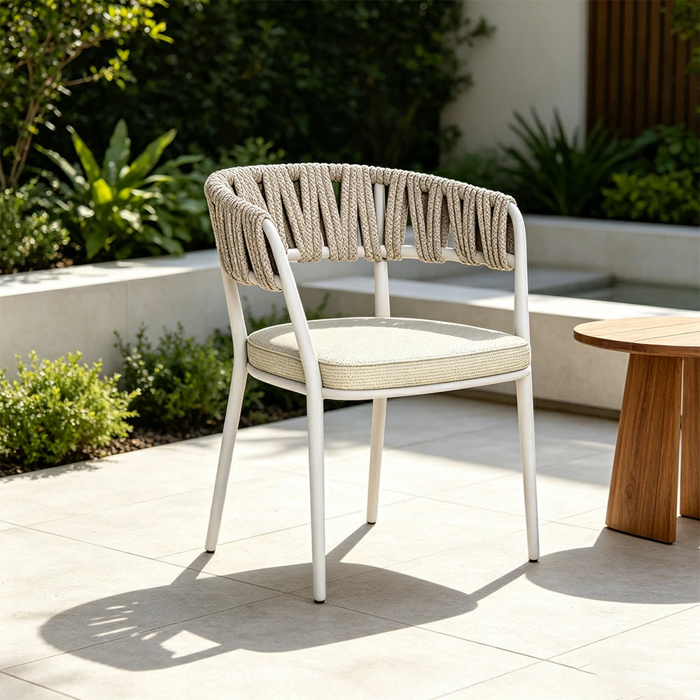 SOLARA Outdoor Rope Armchair - Aluminium Frame, Quick-Dry Woven Back, Cushioned Seat for Patio Garden - Beige White