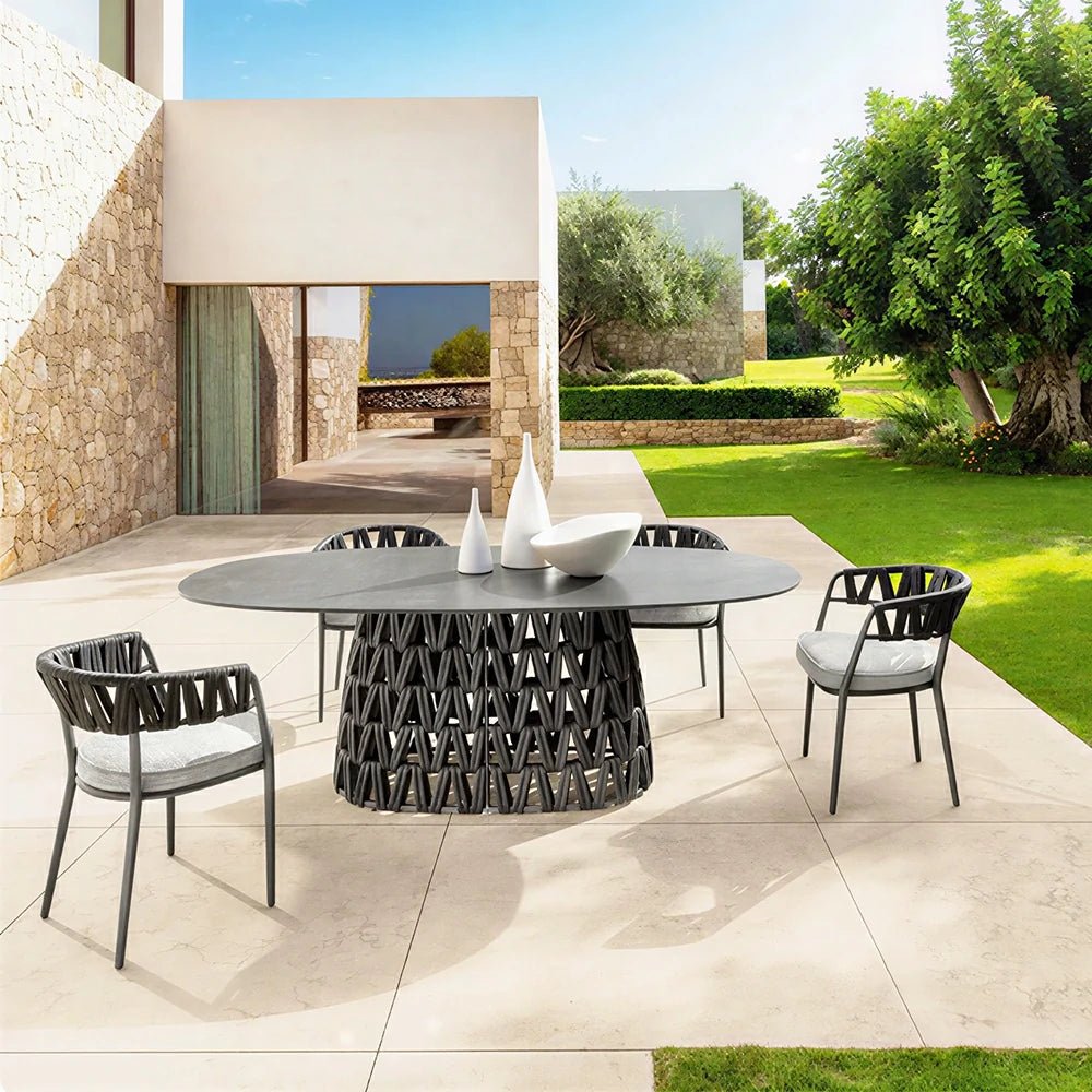 SOLARA Outdoor Rope Armchair - Aluminium Frame, Quick-Dry Woven Back, Cushioned Seat for Patio Garden - Black