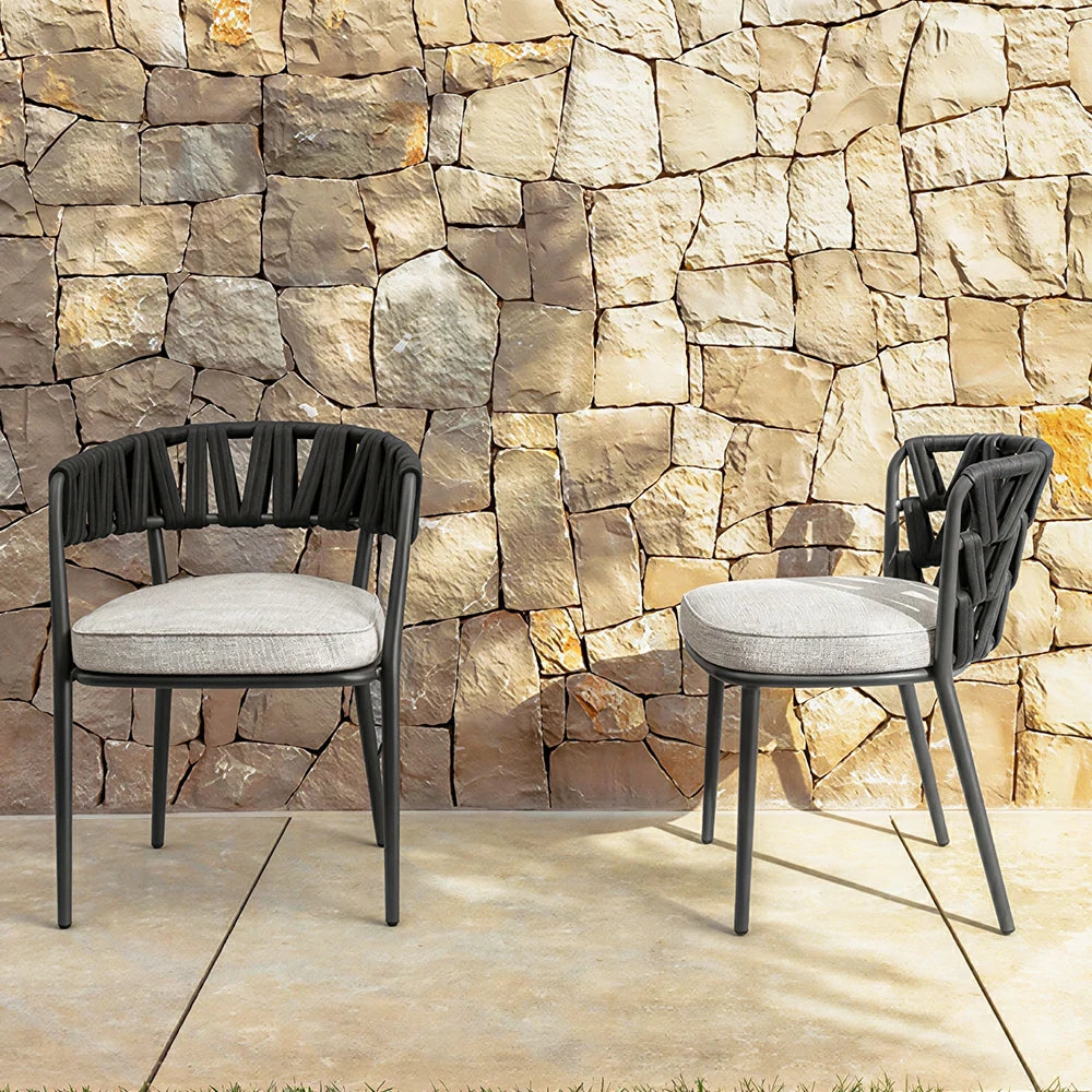 SOLARA Outdoor Rope Armchair - Aluminium Frame, Quick-Dry Woven Back, Cushioned Seat for Patio Garden - Black