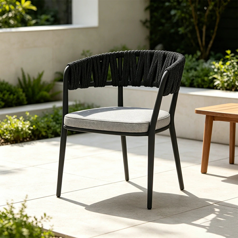 SOLARA Outdoor Rope Armchair - Aluminium Frame, Quick-Dry Woven Back, Cushioned Seat for Patio Garden - Black