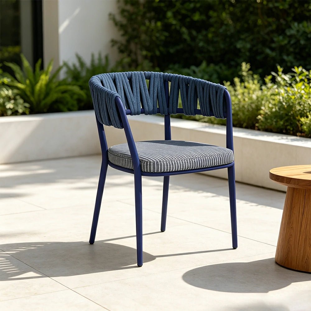 SOLARA Outdoor Rope Armchair - Aluminium Frame, Quick-Dry Woven Back, Cushioned Seat for Patio Garden - Blue