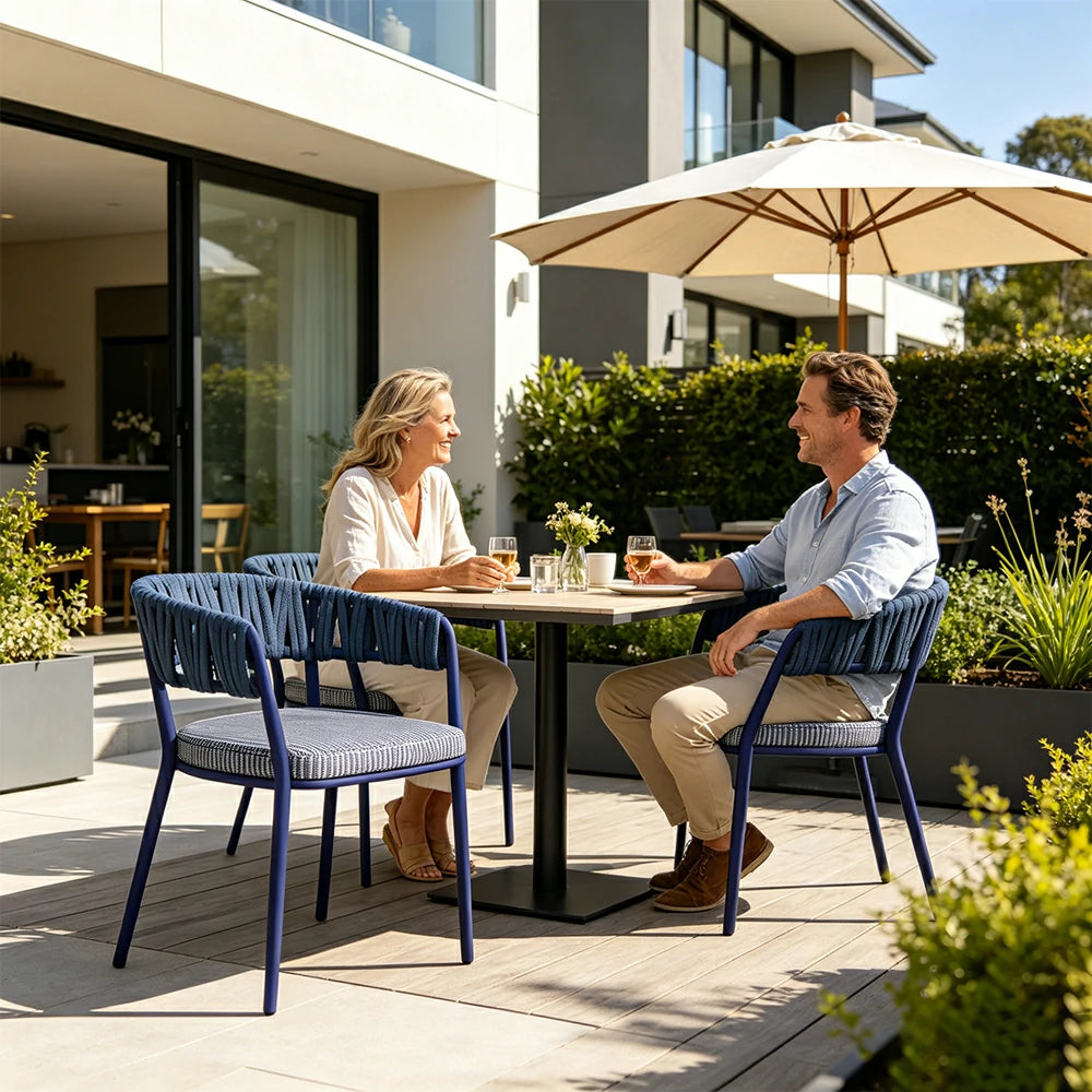 SOLARA Outdoor Rope Armchair - Aluminium Frame, Quick-Dry Woven Back, Cushioned Seat for Patio Garden - Blue