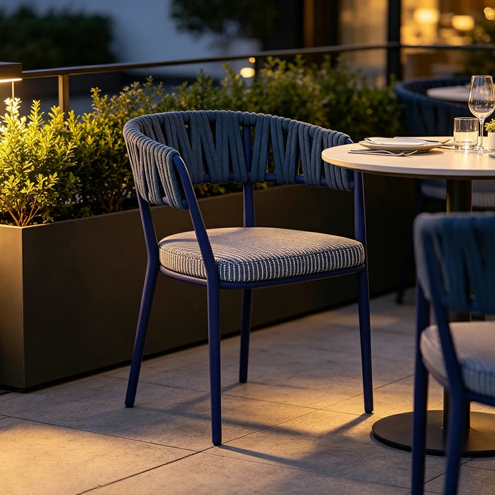 SOLARA Outdoor Rope Armchair - Aluminium Frame, Quick-Dry Woven Back, Cushioned Seat for Patio Garden - Blue