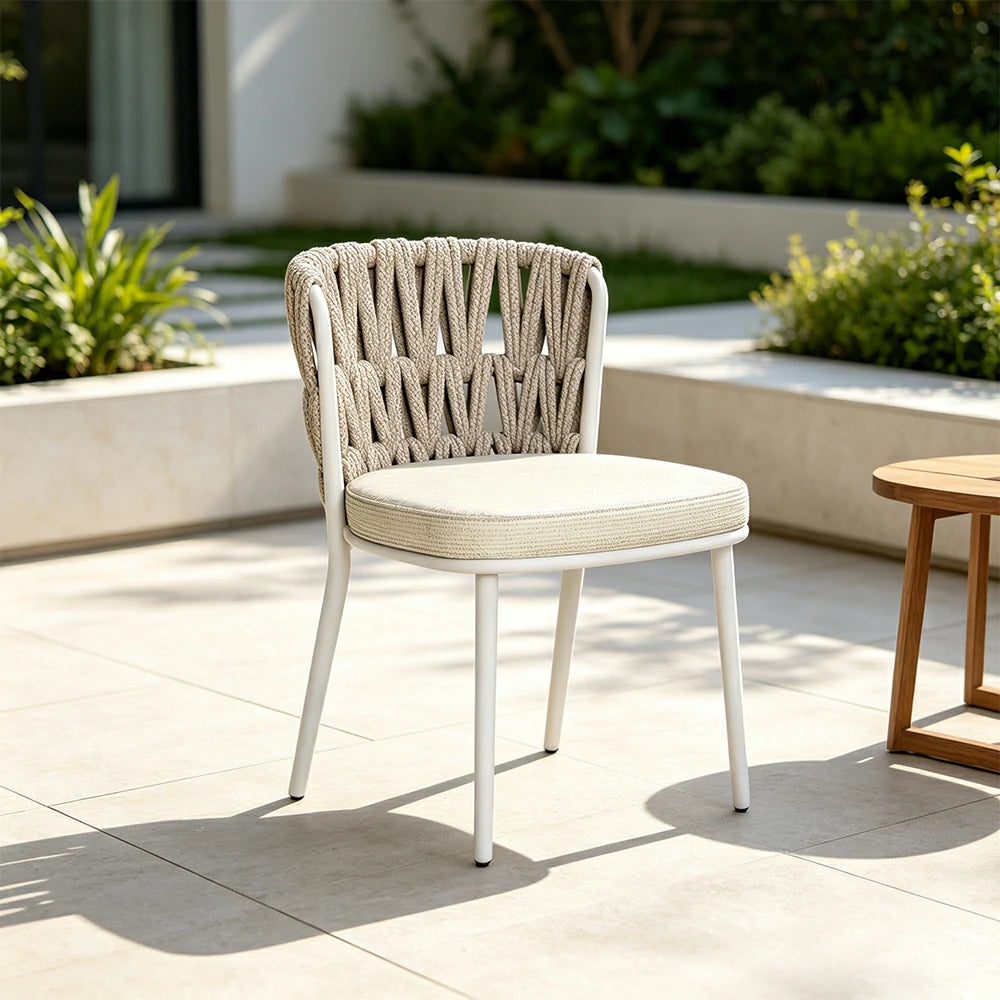 SOLARA Outdoor Rope Back Dining Chair - Aluminium Frame, Quick-Dry Cushion for Patio Garden - Beige White