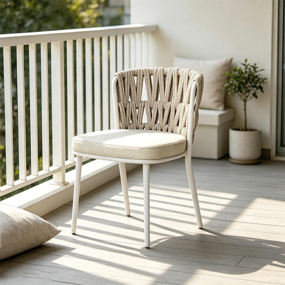 SOLARA Outdoor Rope Back Dining Chair - Aluminium Frame, Quick-Dry Cushion for Patio Garden - Beige White